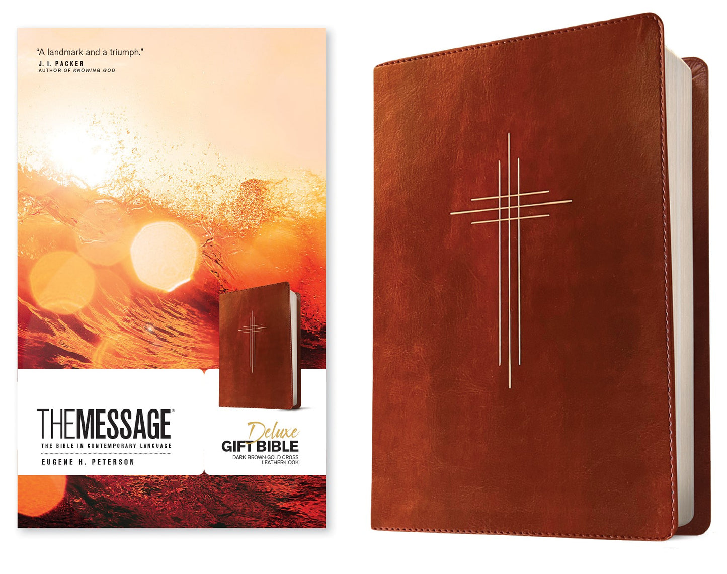 The Message Deluxe Gift Bible-Dark Brown Gold Cross Leather-Look