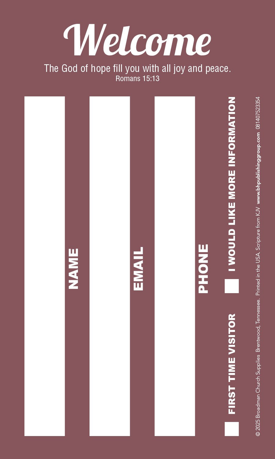 Guest Card-Welcome (Romans 15:13  KJV)-Burgundy (Pack Of 50)