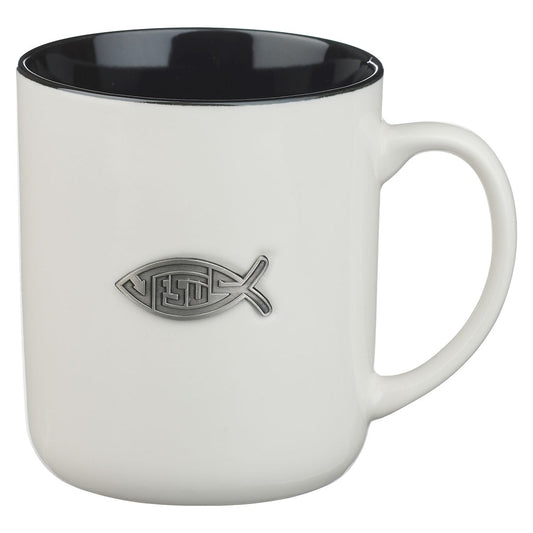 Ceramic Mug-Jesus Badge Matt. 28:19-White/Black