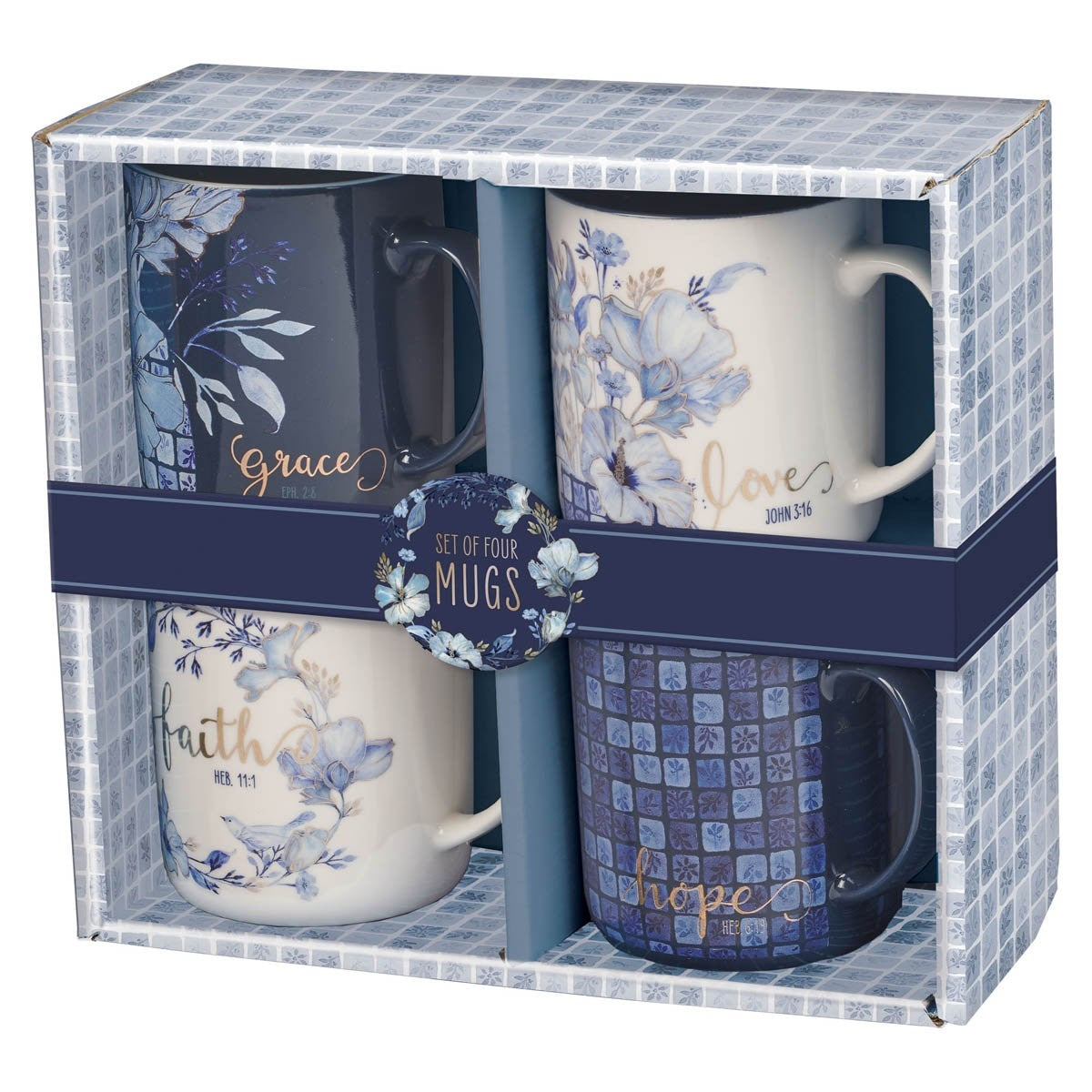 Ceramic Mug Set-Blue Floral Geometric (Set Of 4)