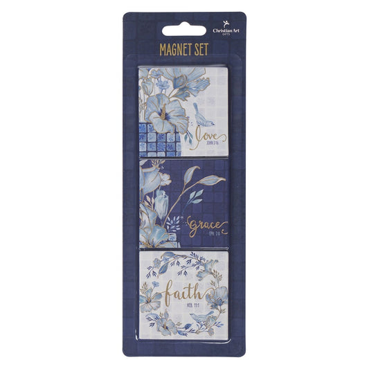 Magnet Set-Love Grace Faith-Blue Floral