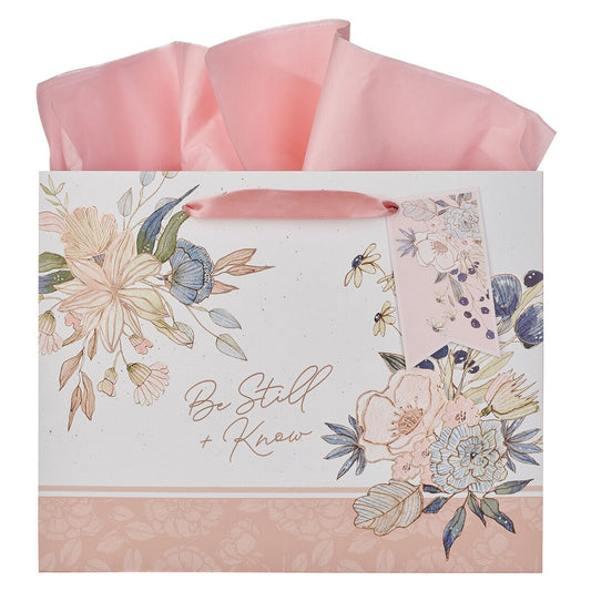 Gift Bag-Large Landscape-Be Still Ps. 46:10-Pink/Blue Floral