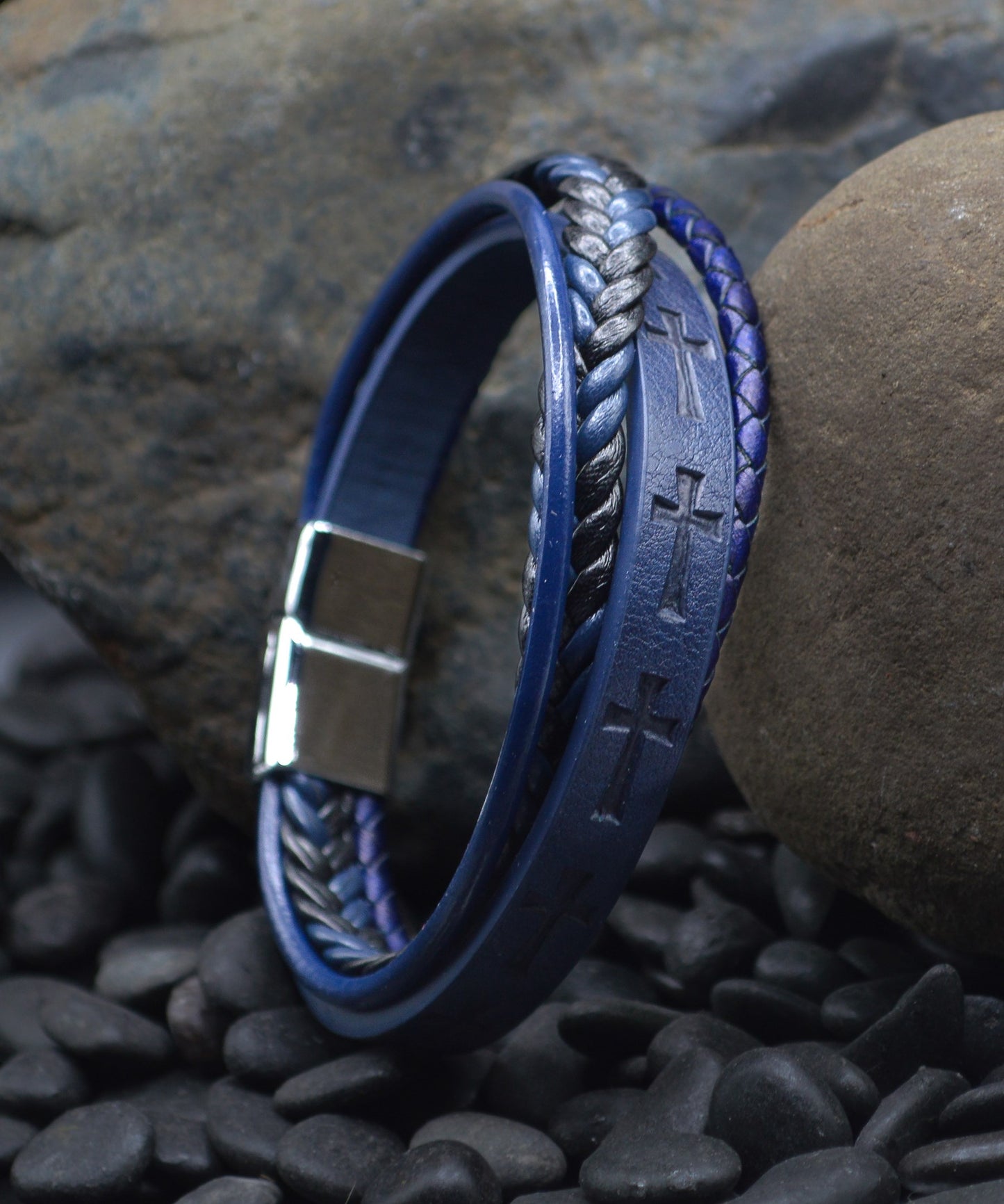 Bracelet-Eden Merry-Men's Leather-Stamped Cross-Blue