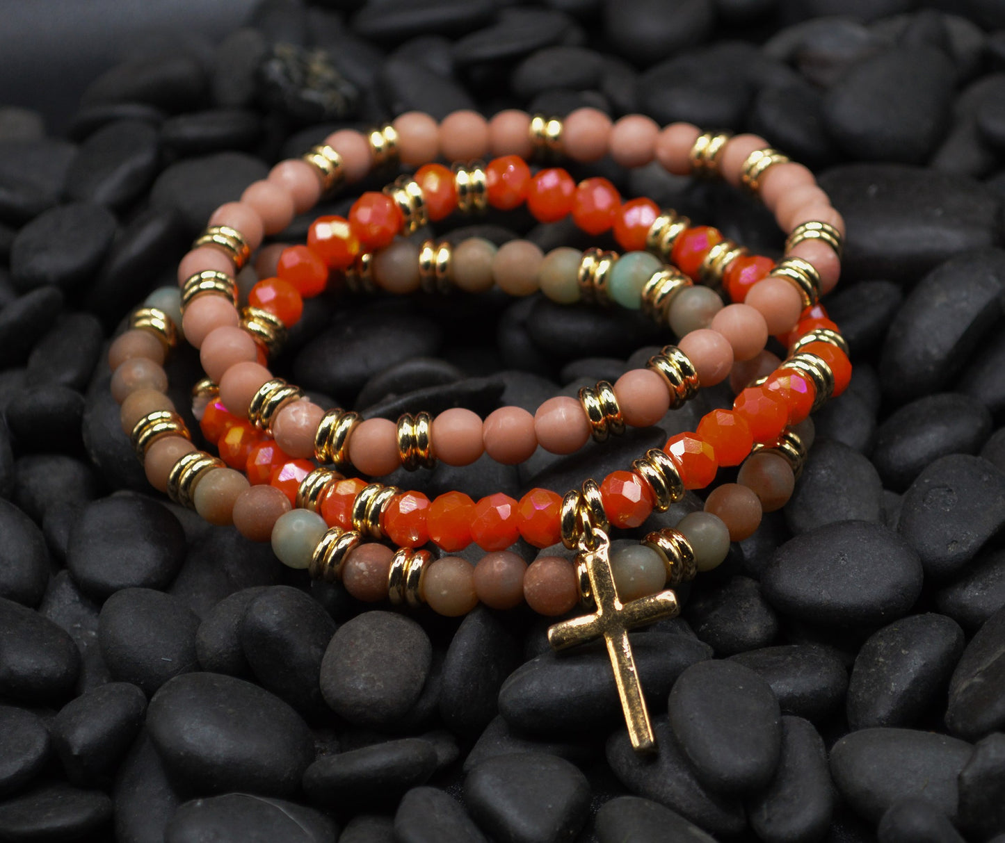 Bracelet-Eden Merry-Cross-Three Strand-Coral