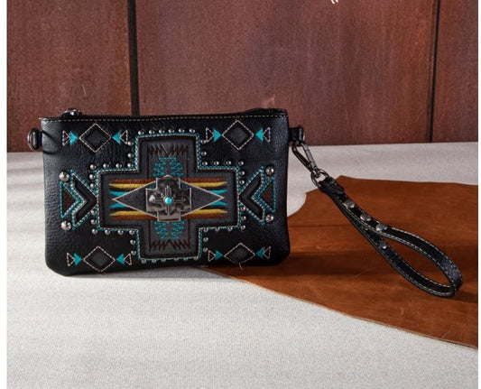 Wristlet/Crossbody Bag-Aztec Cross-Black