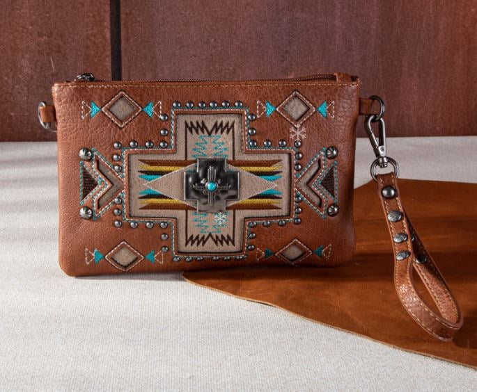 Wristlet/Crossbody Bag-Aztec Cross-Brown