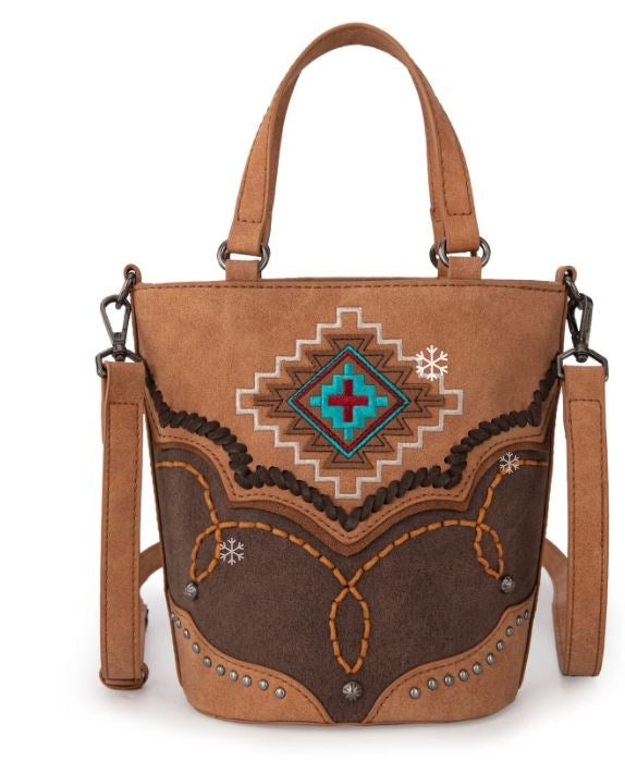 Bucket Tote/Crossbody Bag-Aztec Cross-Brown