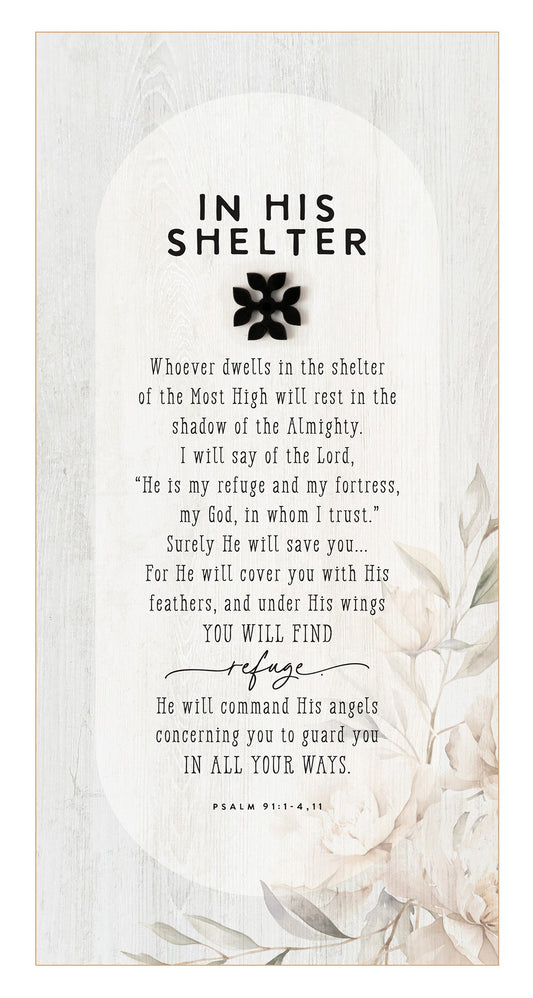 Plaque-Black Wood Emblem-In His Shelter (6.75 x 13.625)