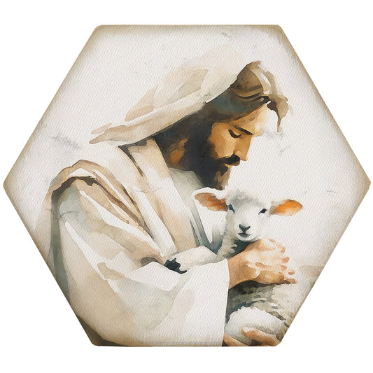 Coaster-Honeycomb-Jesus Holding Lamb (4.5 x 3.785)