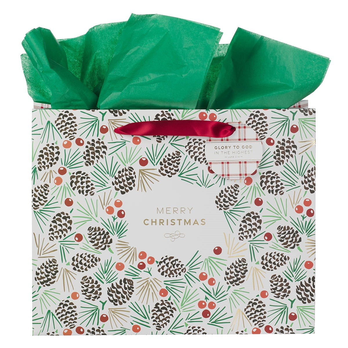 Gift Bag-Large Landscape-Merry Christmas Plaid Luke 2:14