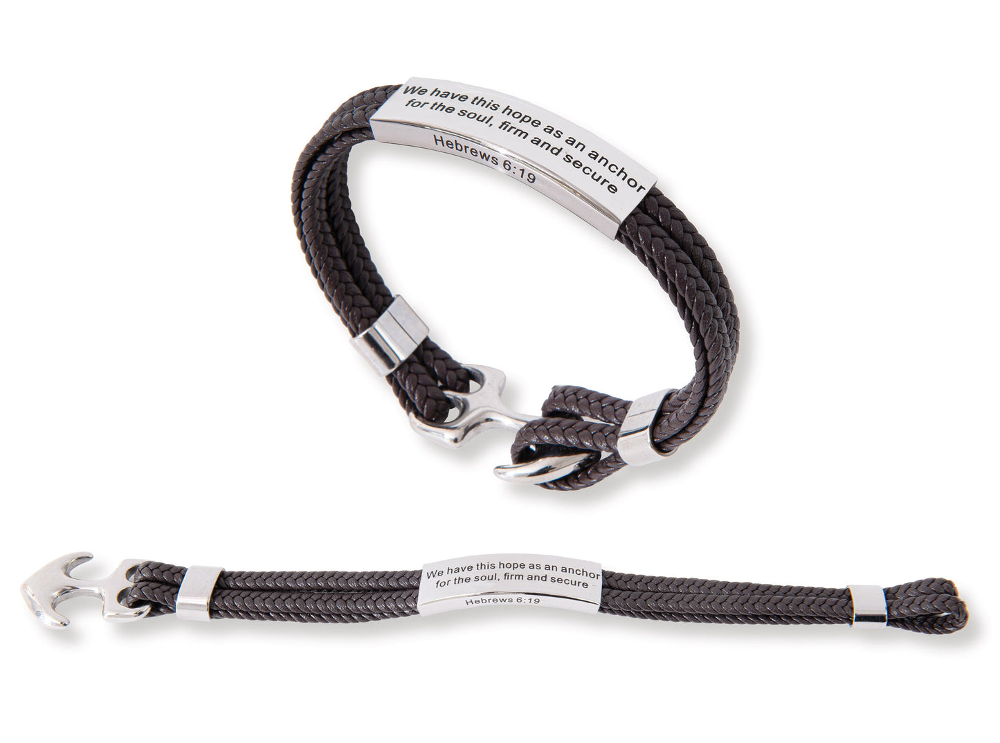 Bracelet-We Have This Hope As An Anchor (Hebrews 6:19)-Stainless Steel & Leather (#9826)