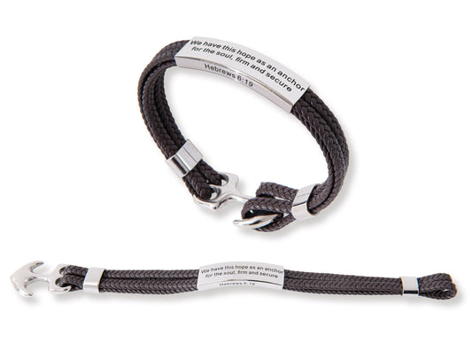Bracelet-We Have This Hope As An Anchor (Hebrews 6:19)-Stainless Steel & Leather (#9826)