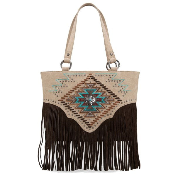 Tote-Aztec Cross W/ Fringe (Concealed Carry)-Tan