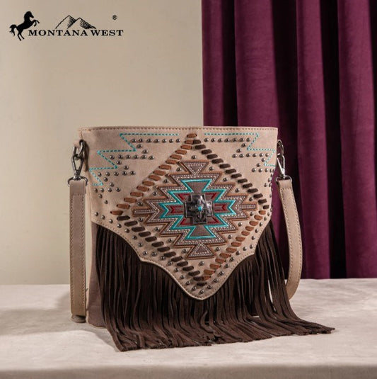 Crossbody Bag-Aztec Cross W/ Fringe (Concealed Carry)-Tan