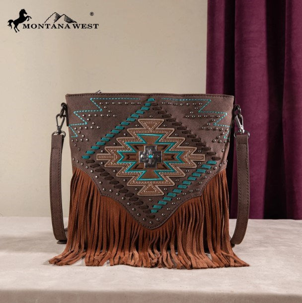 Crossbody Bag-Aztec Cross W/ Fringe (Concealed Carry)-Coffee