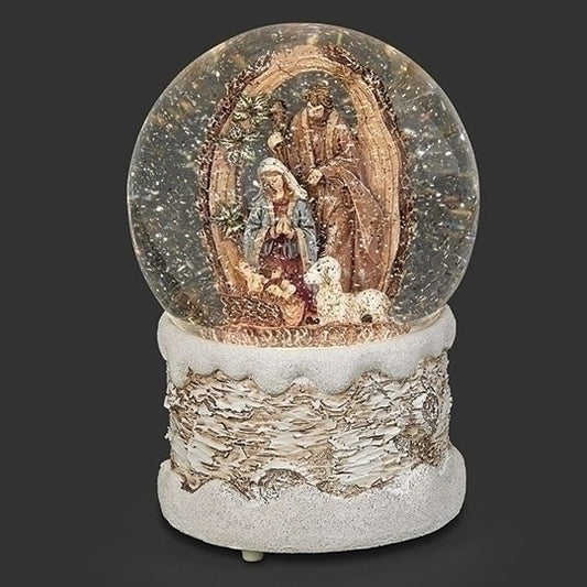Glitterdome-Lighted Swirl Holy Family In Wood Log (7")