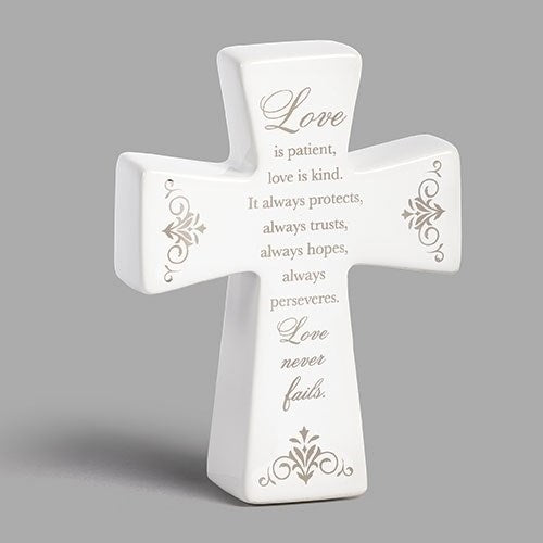 Tabletop Cross-Love Is Patient...Love Never Fails-Ceramic (4.5"H) (#11917)