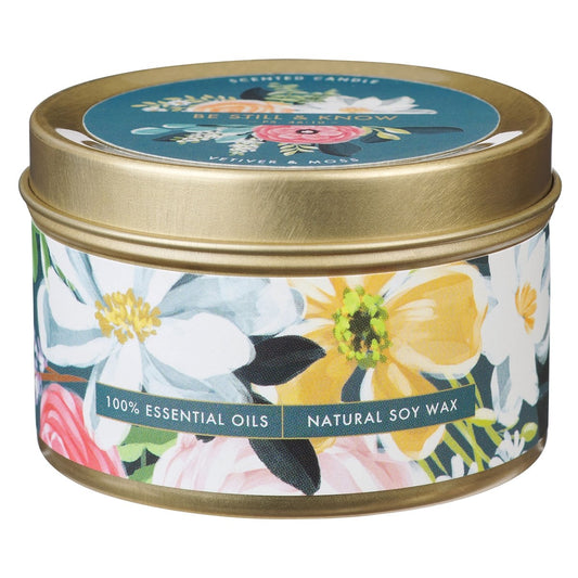 Tin Candle-Be Still Ps. 46:10-Floral Teal