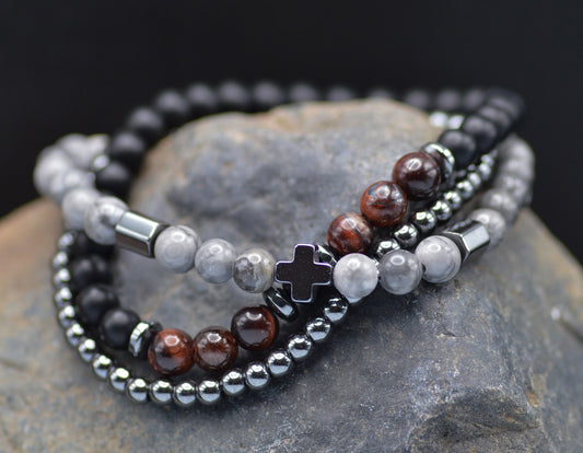 Bracelet-Eden Merry-Three Strand-Cross-Wine Tiger Eye