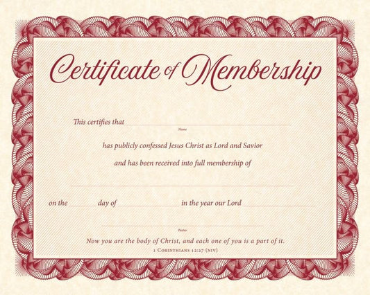 Certificate-Certificate Of Membership (1 Corinthians 12:27  NIV) (Parchment)(Pack of 6)