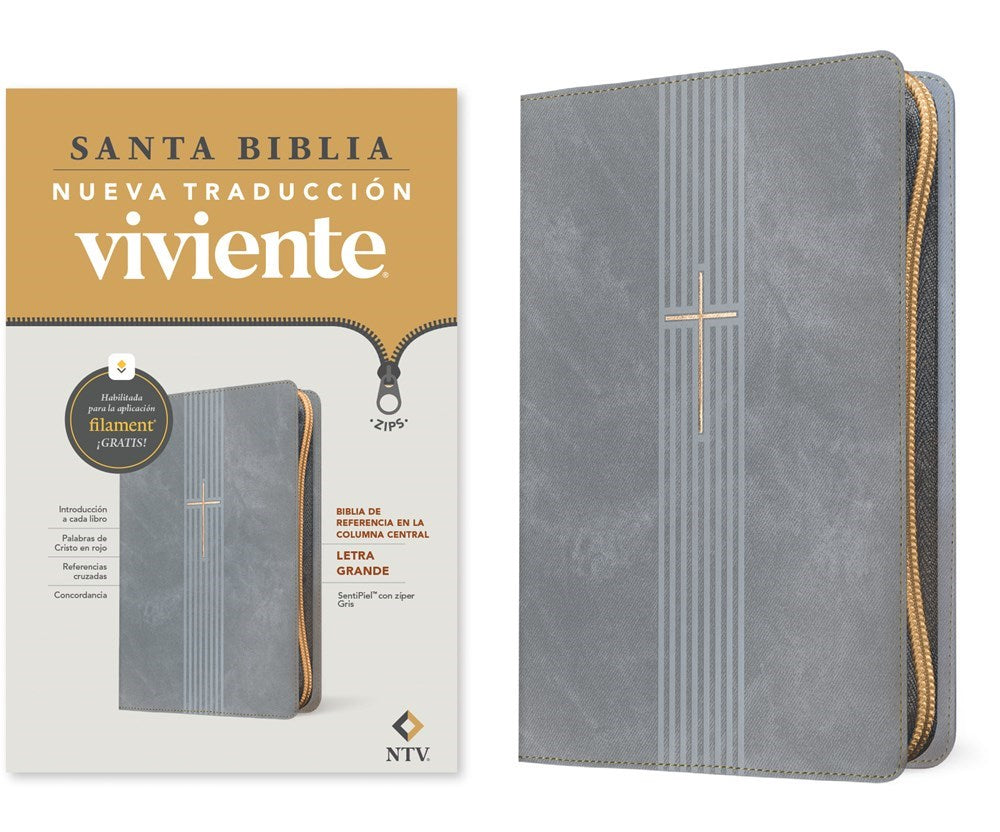 NTV Biblia de Referencia en la Columna Central  Letra Grande de ziper con Filament-Gray Leatherlike