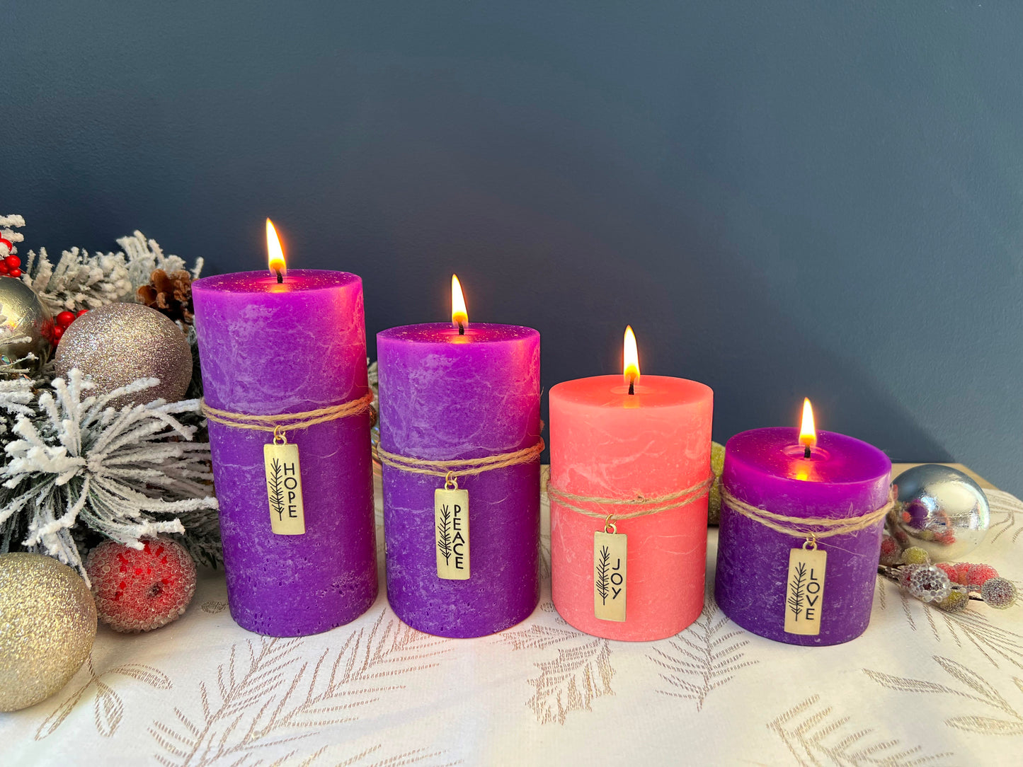 Advent Pillar Set-Love Hope Peace Joy w/Metal Charms (Set of 4)