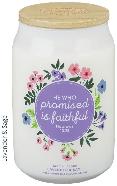 Glass Candle w/Bamboo Lid He Who Promised Is Faithful Heb. 10:23