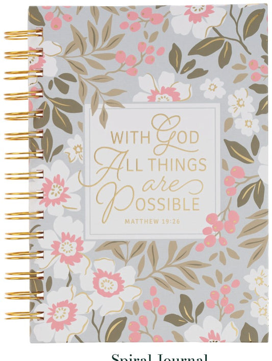 Journal Spiral White Floral With God All Things Matt. 19:26