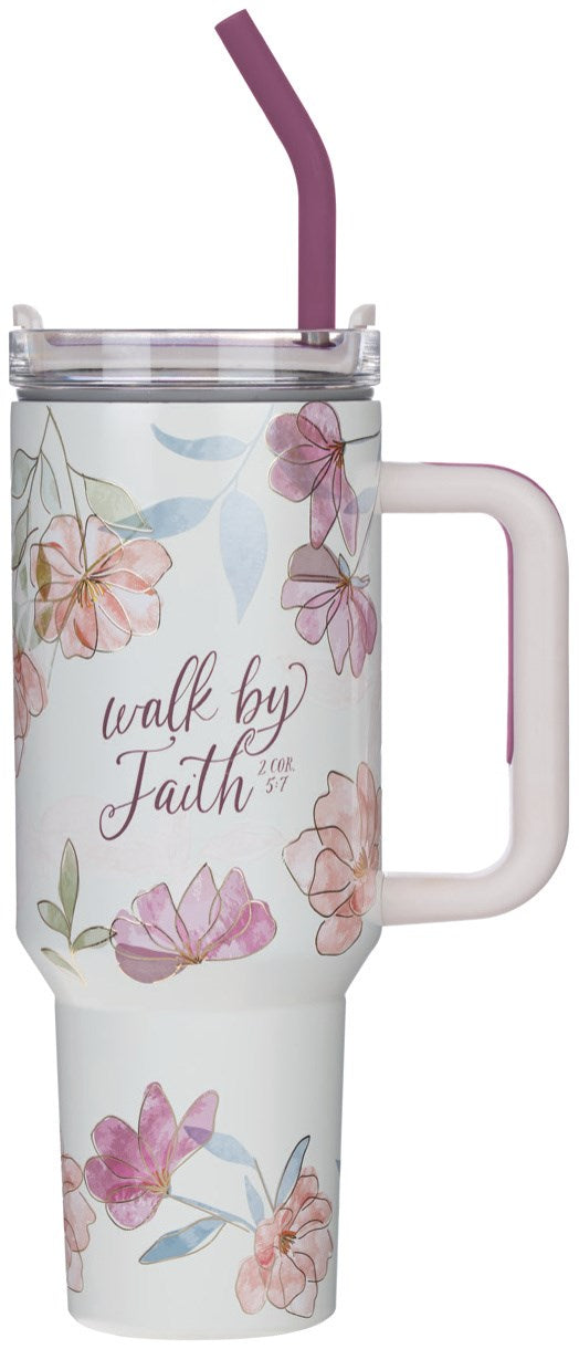 Tumbler w/straw SS White Floral Walk By Faith 2 Cor. 5:7