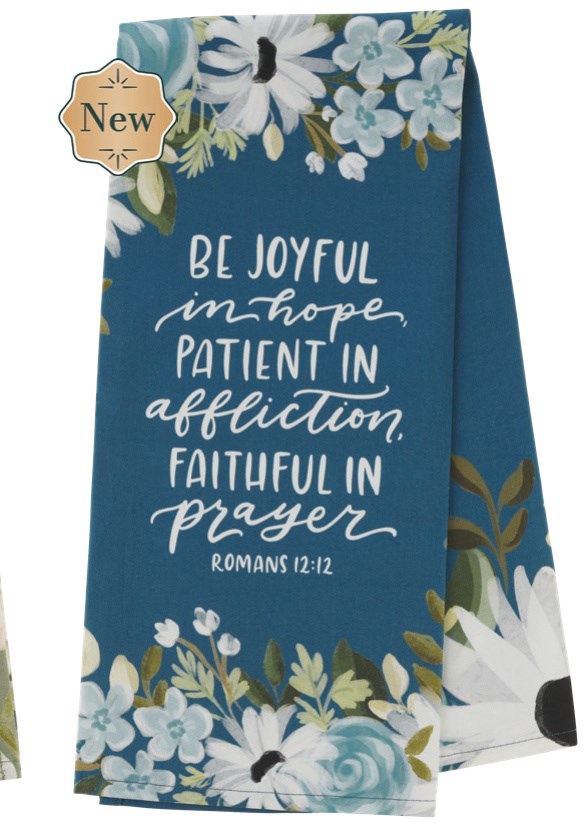 Tea Towel Blue Floral Be Joyful In Hope Rom 12:12