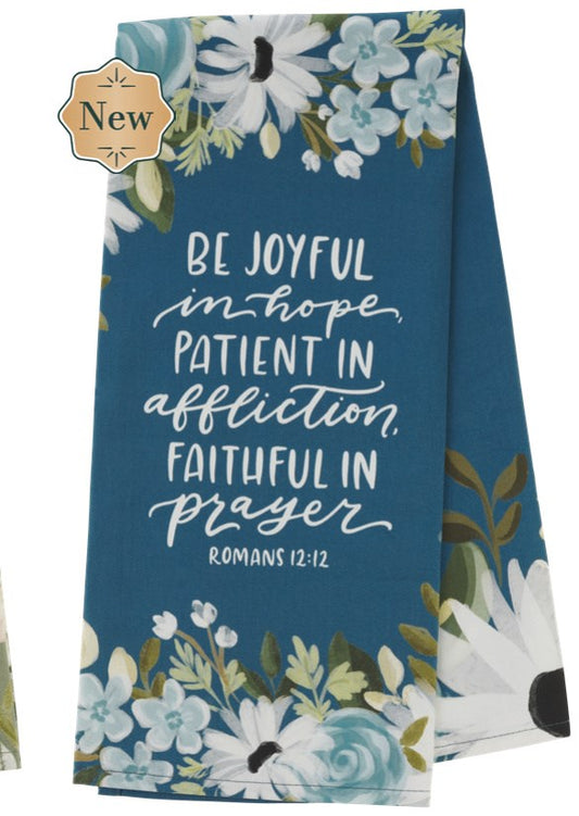 Tea Towel Blue Floral Be Joyful In Hope Rom 12:12