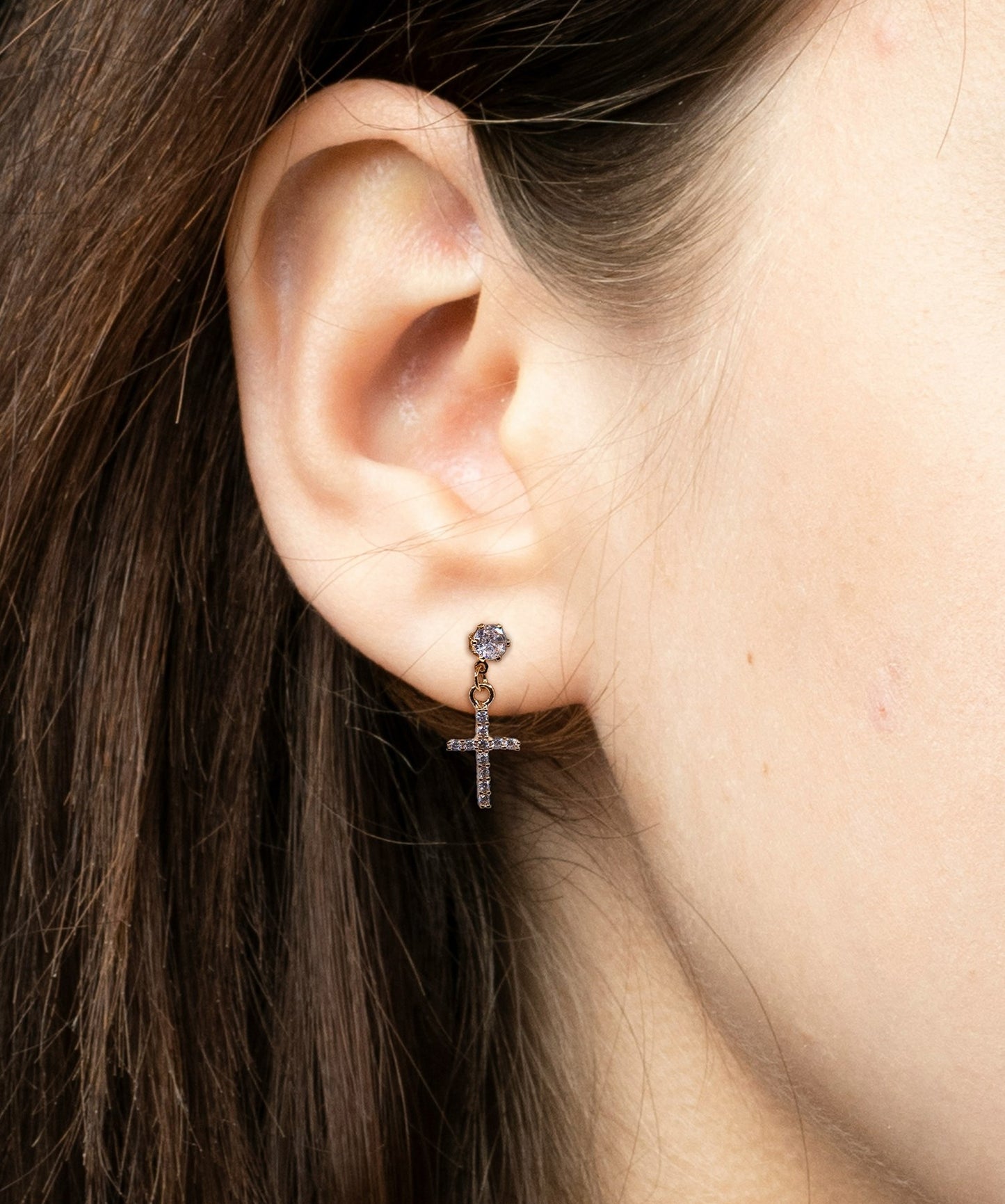 Earrings-Eden Merry-Cross-Dangle Cross-Gold Crystal