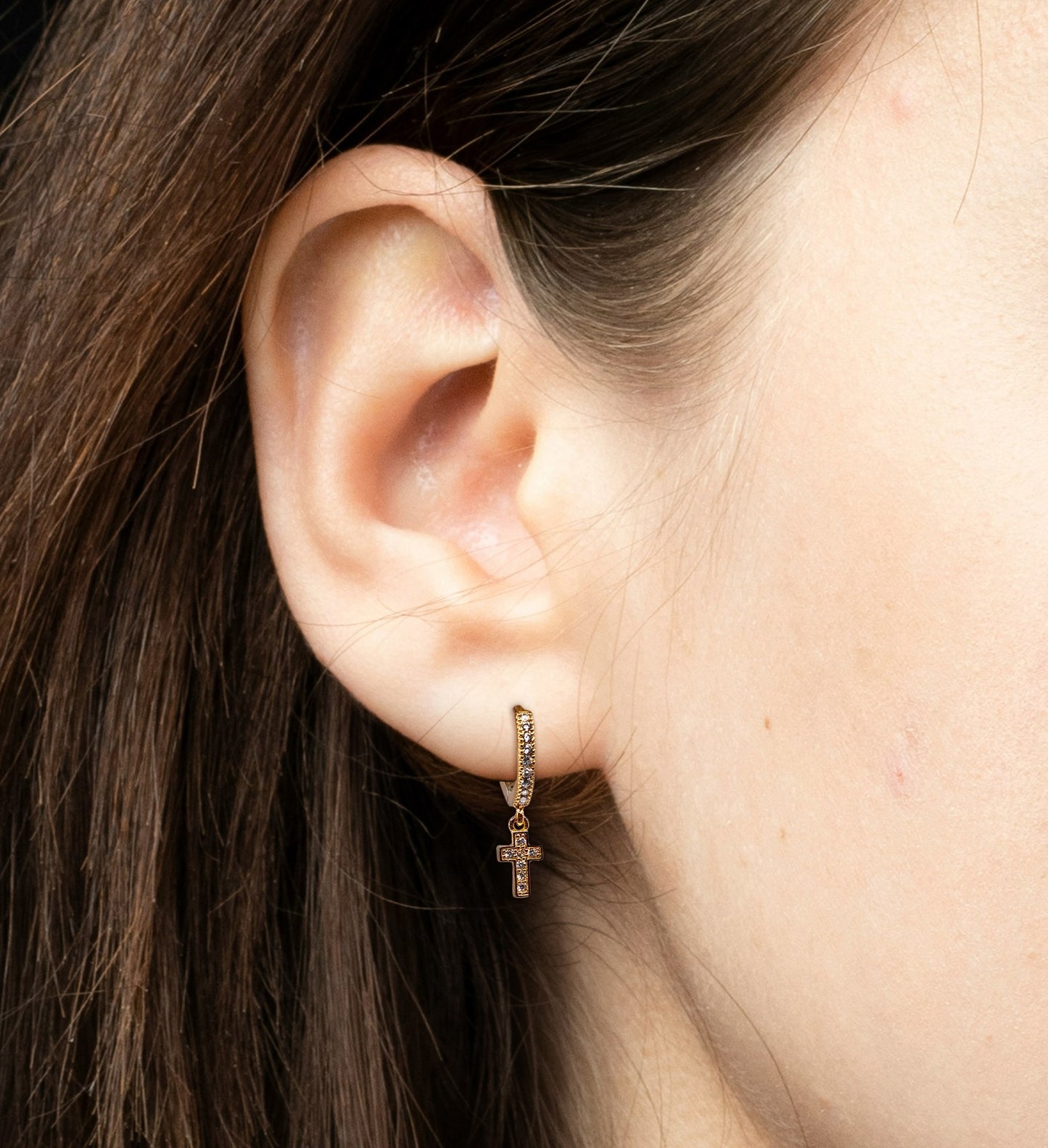 Earrings-Eden Merry-Cross-Huggie-Gold