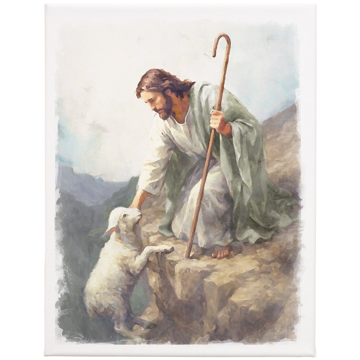 Wrapped Canvas-Jesus Lamb On Cliff (9"" x 12"")