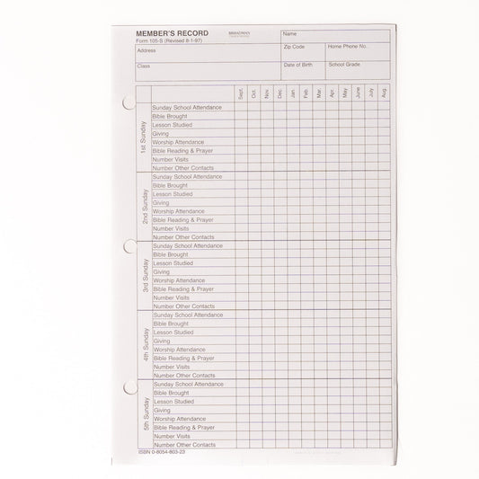 Form-Sunday School Member Report (3-Hole Punched) (Form 105-S) (Pack Of 100)