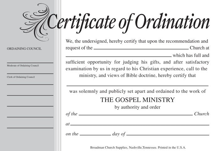 Certificate-Ordination-Minister (Parchment)-Billfold Size
