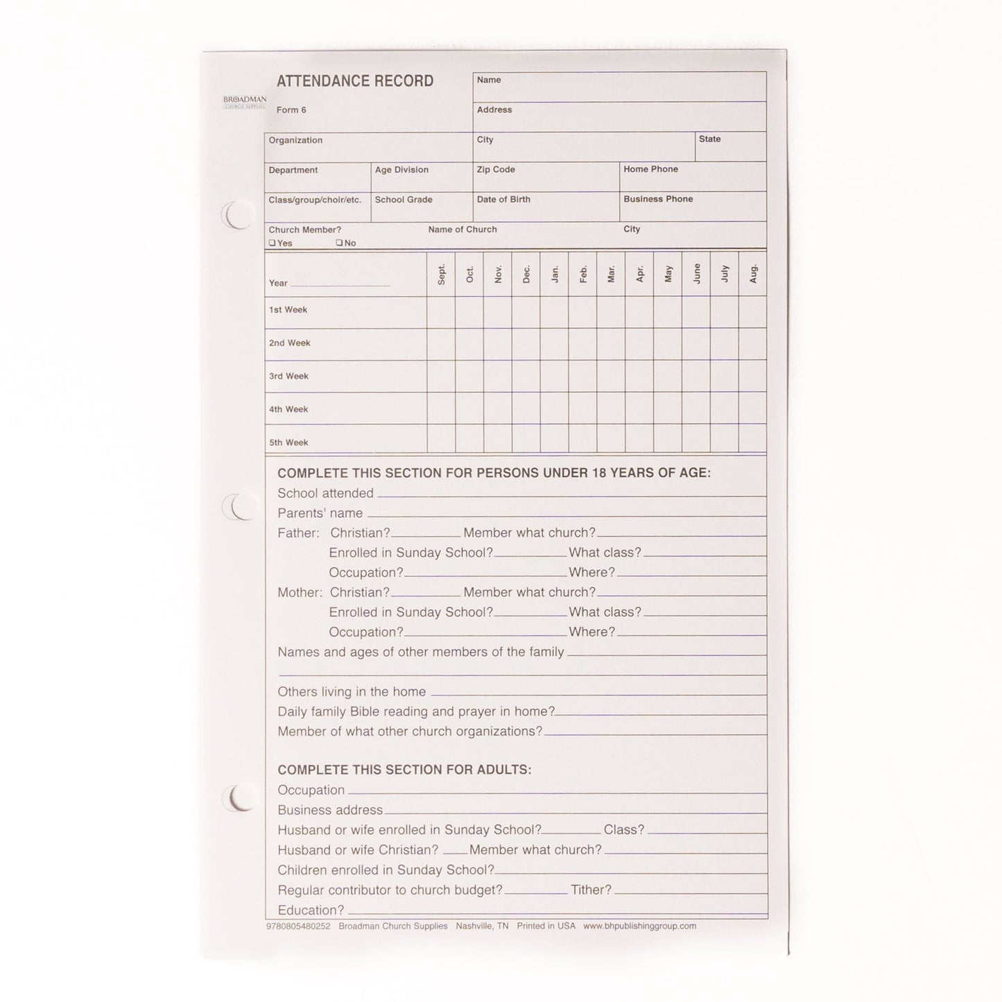 Form-Attendance Record (Form 6) (Pack Of 100)