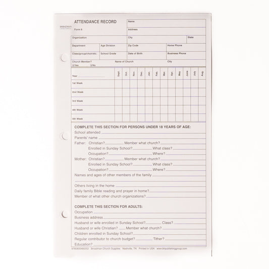 Form-Attendance Record (Form 6) (Pack Of 100)