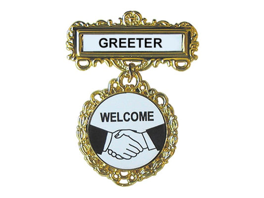 Badge-Greeter Welcome-Pin Back-Fancy Round-Brass