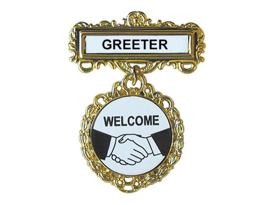 Badge-Greeter Welcome-Pin Back-Fancy Round-Brass