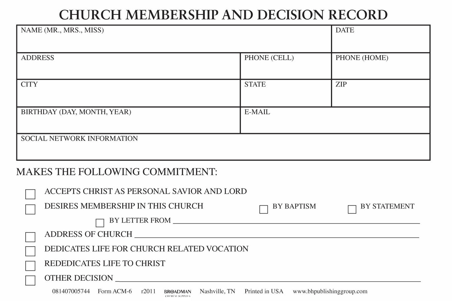 Form-Church Membership And Decision Record (Form ACM-6) (Pack Of 100)