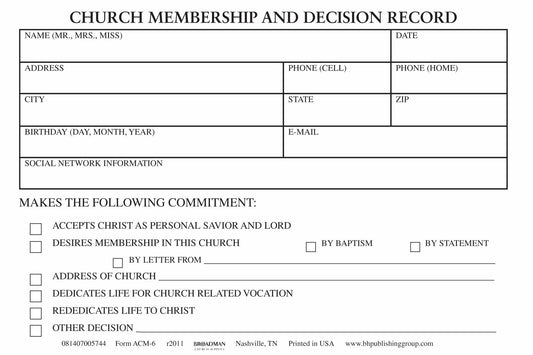 Form-Church Membership And Decision Record (Form ACM-6) (Pack Of 100)