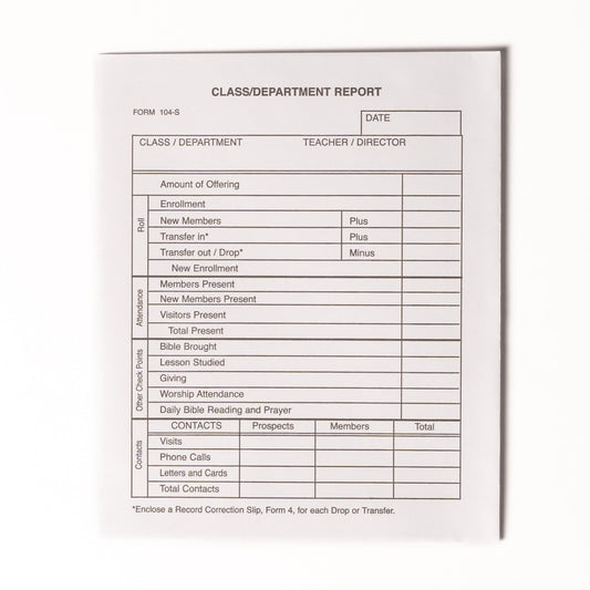 Form-Sunday School Class/Department Report Envelope (Form 104-S) (Pack Of 100)