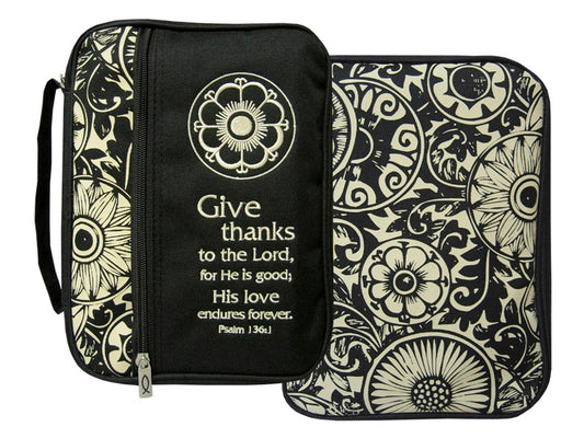 Bible Cover-Canvas-Give Thanks Print-Black/Tan-MED
