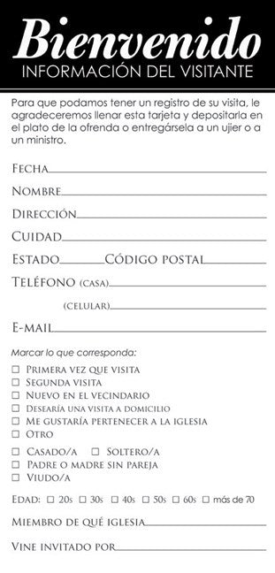 Tarjeta par Visita-Bienvenido/Informacion del visitante (Guest Card-Welcome) (Pack Of 50)