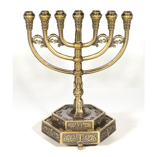 Menorah-12 Tribes w/Hexagon Base (7 Branched) (6" x 6")-Brass (#41126)