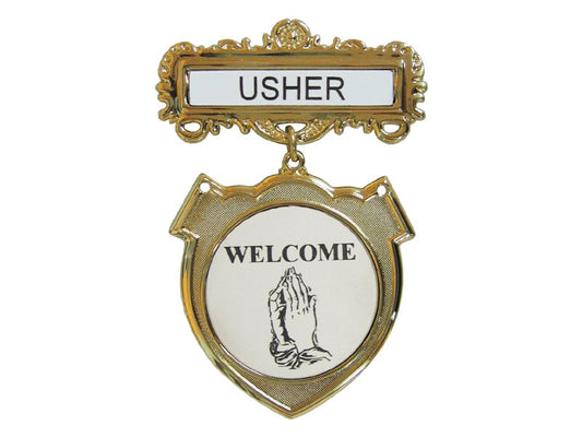 Badge-Usher-Welcome-(Praying Hands)-Pin Back-Brass-Fancy Round Badges