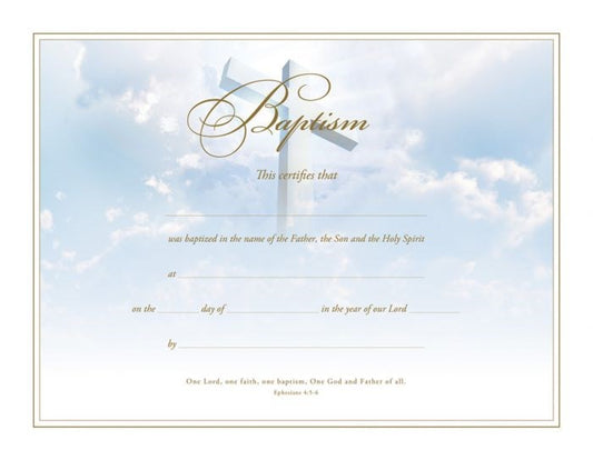 Certificate-Baptism/Cross (Ephesians 4: 5-6) (Gold Foil Embossed  Premium Stock) (Pack of 6)
