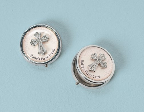 Keepsake Set-Round Box w/Cross-Baby's First Tooth & First Curl (Set Of 2)