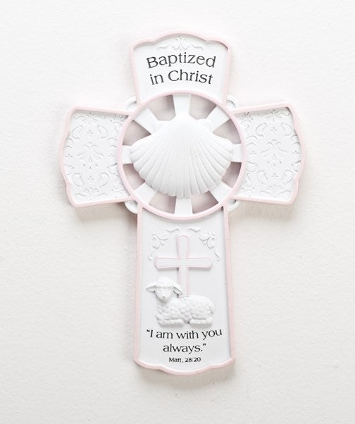 Wall Cross-Baptized In Christ-White/Pink (7.75")